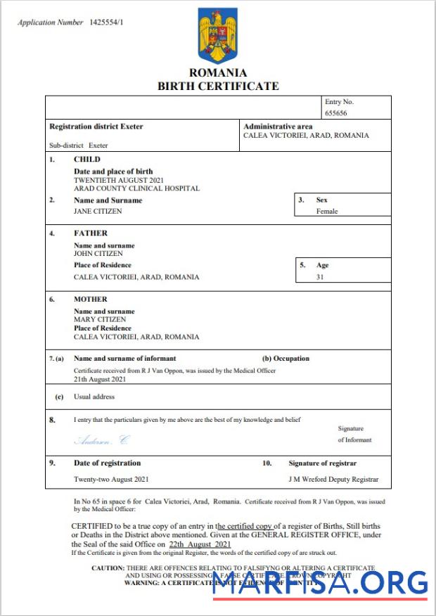 Realistic Romania birth certificate Word and PDF template